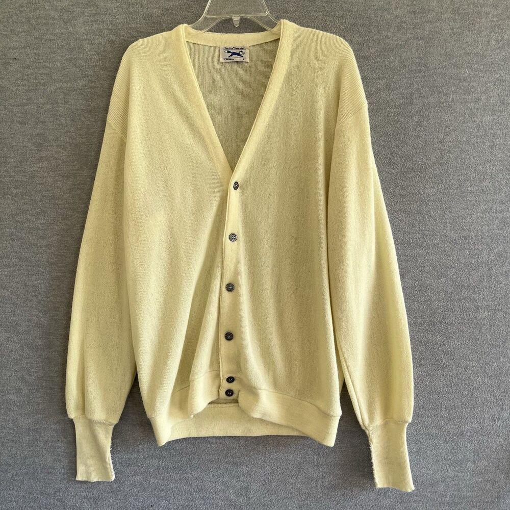 JC Penney The Fox Sweater Grandpa Cardigan Mens L Butter Yellow Vintage 60s 70s